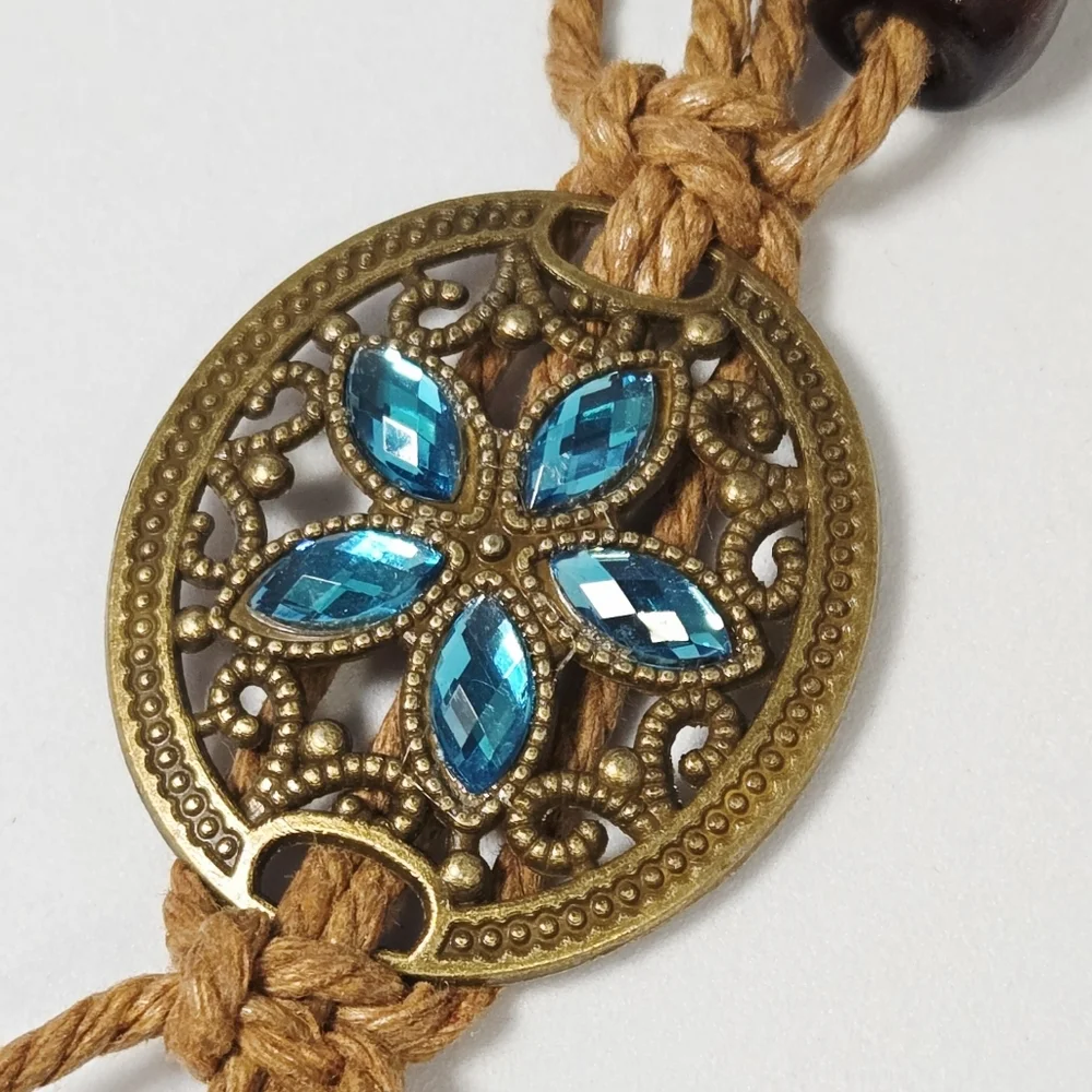 Boho Rope Belt Teal Rhinestone Bronze Floral Medallion Beaded Tie Waist 67